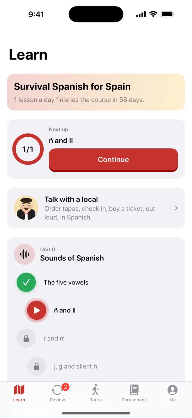 The Learn tab in Vamos: a course plan for Spain, the next lesson, the Talk with a local card and the first unit, Sounds of Spanish.