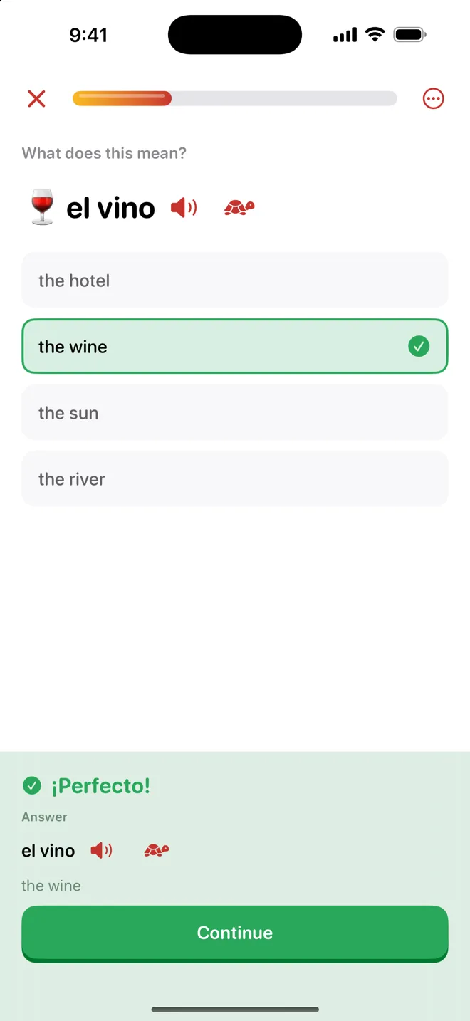 A lesson exercise: what does el vino mean? The wine is marked correct with ¡Perfecto!