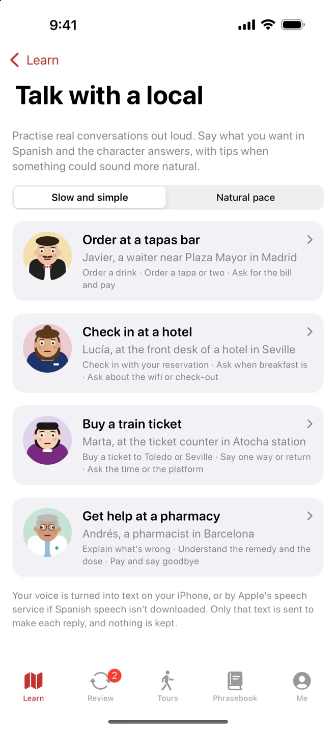 The four Talk with a local scenes: tapas bar, hotel, train ticket and pharmacy